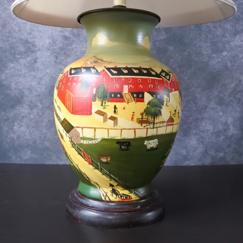 Vintage Hand Painted Farm Country Rural Rustic Style Village Scene Table Lamp